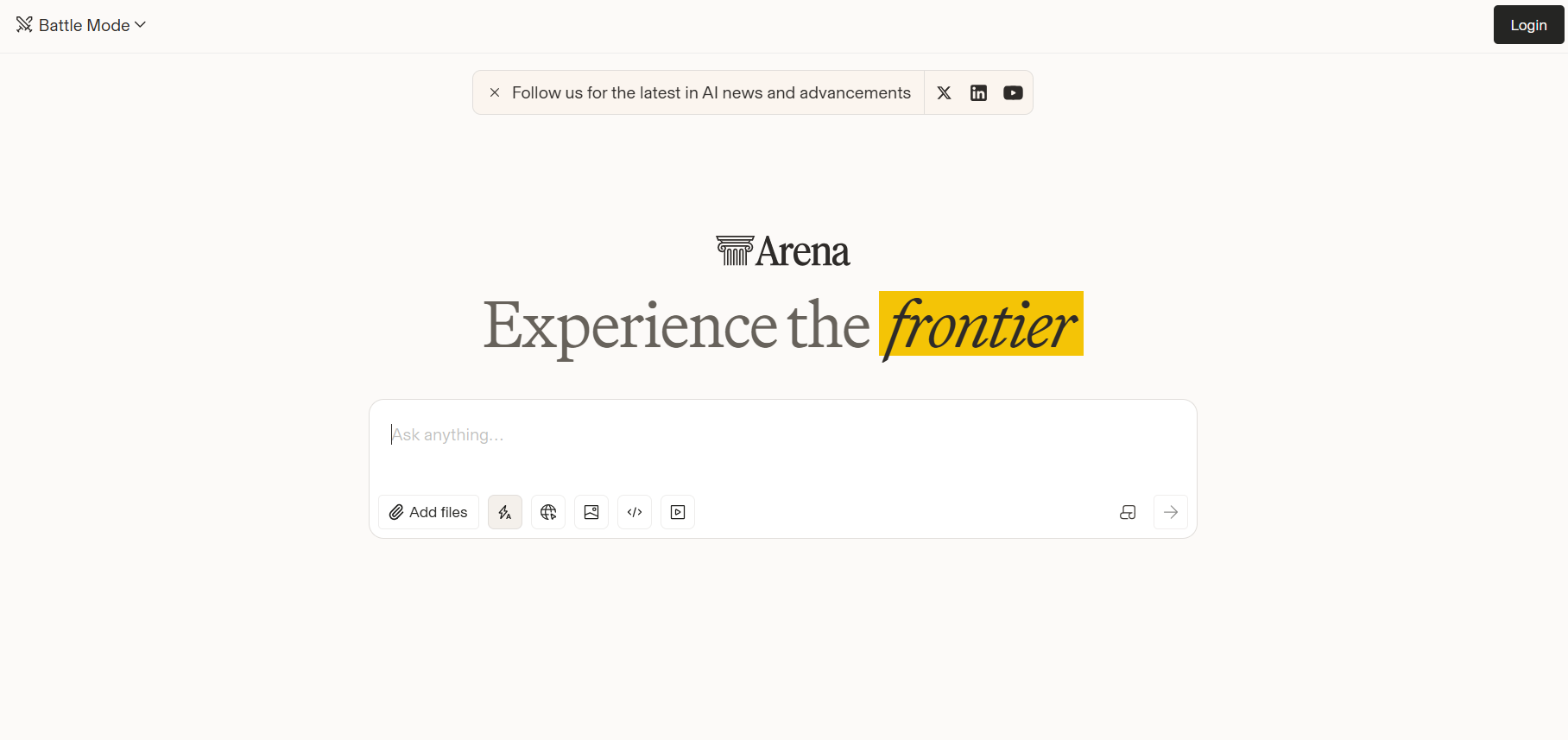 Arena AI homepage showing Experience the frontier tagline and AI input interface